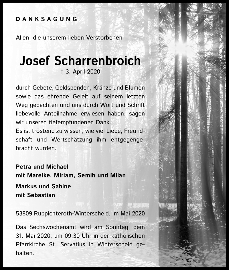  Traueranzeige für Josef Scharrenbroich vom 14.05.2020 aus Kölner Stadt-Anzeiger / Kölnische Rundschau / Express