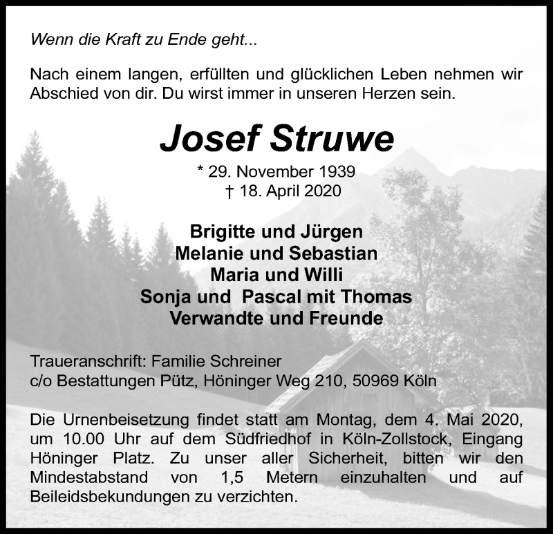  Traueranzeige für Josef Struwe vom 02.05.2020 aus Kölner Stadt-Anzeiger / Kölnische Rundschau / Express