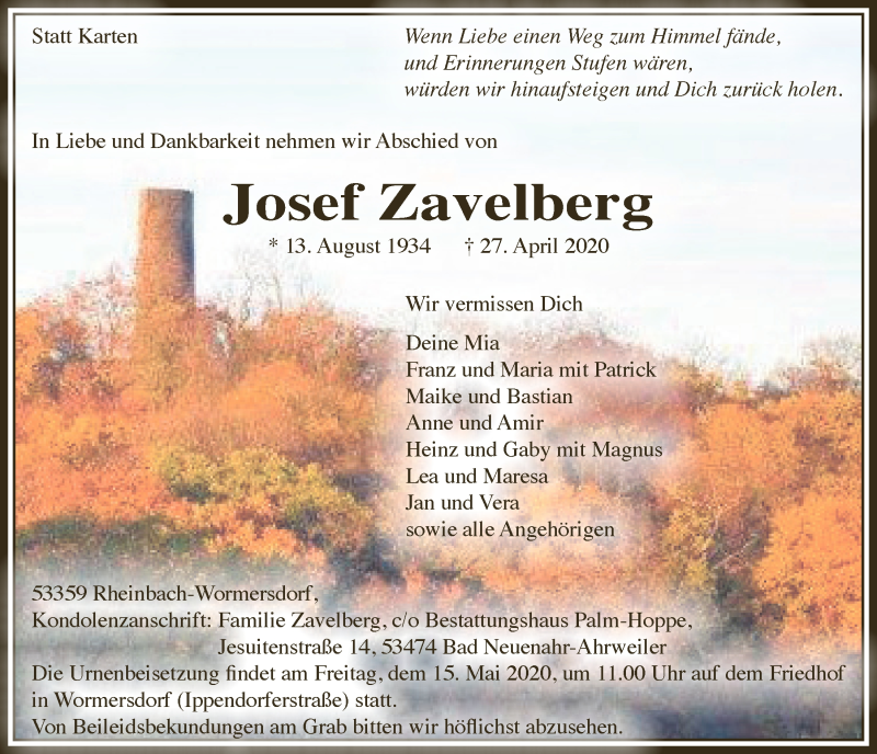  Traueranzeige für Josef Zavelberg vom 08.05.2020 aus  Schaufenster/Blickpunkt 