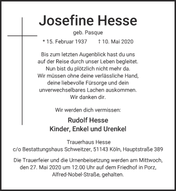 Anzeige von Josefine Hesse von  Kölner Wochenspiegel 