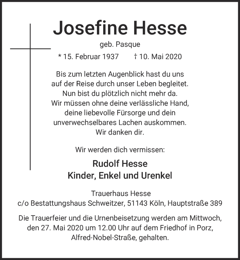  Traueranzeige für Josefine Hesse vom 22.05.2020 aus  Kölner Wochenspiegel 