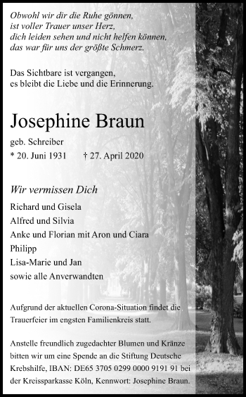 Anzeige von Josephine Braun von Kölner Stadt-Anzeiger / Kölnische Rundschau / Express