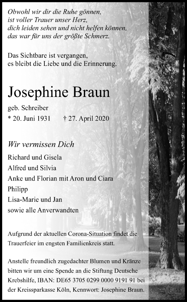  Traueranzeige für Josephine Braun vom 02.05.2020 aus Kölner Stadt-Anzeiger / Kölnische Rundschau / Express