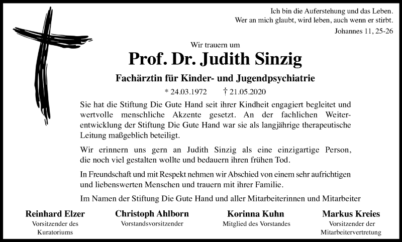  Traueranzeige für Judith Sinzig vom 30.05.2020 aus Kölner Stadt-Anzeiger / Kölnische Rundschau / Express