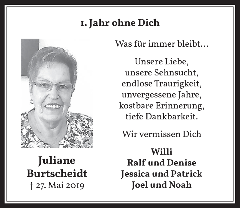  Traueranzeige für Juliane Burtscheidt vom 22.05.2020 aus  Werbepost 