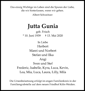 Anzeige von Jutta Gunia von Kölner Stadt-Anzeiger / Kölnische Rundschau / Express