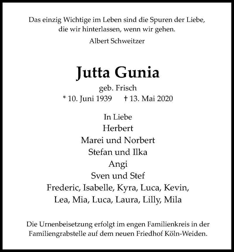  Traueranzeige für Jutta Gunia vom 16.05.2020 aus Kölner Stadt-Anzeiger / Kölnische Rundschau / Express