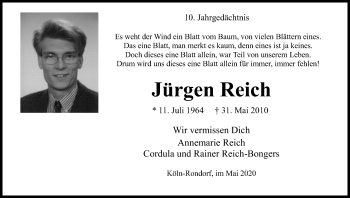 Anzeige von Jürgen Reich von Kölner Stadt-Anzeiger / Kölnische Rundschau / Express