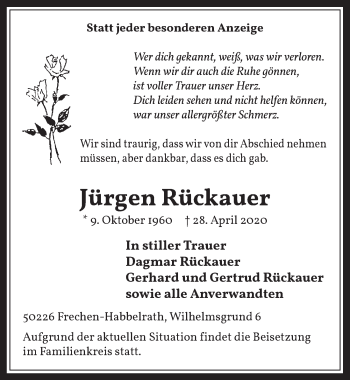 Anzeige von Jürgen Rückauer von  Wochenende 