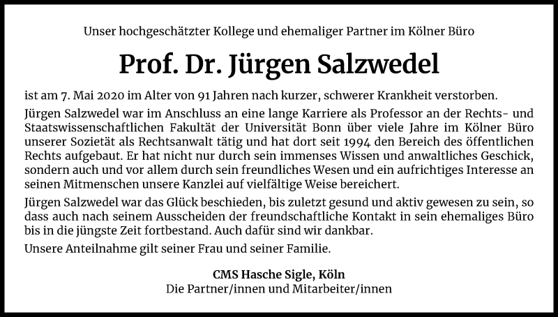  Traueranzeige für Jürgen Salzwedel vom 23.05.2020 aus Kölner Stadt-Anzeiger / Kölnische Rundschau / Express