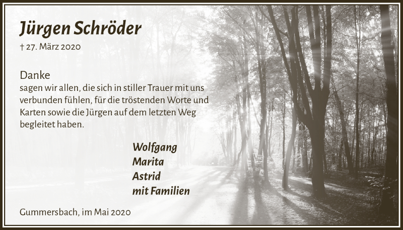  Traueranzeige für Jürgen Schröder vom 22.05.2020 aus  Anzeigen Echo 