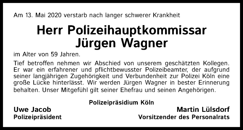  Traueranzeige für Jürgen Wagner vom 23.05.2020 aus Kölner Stadt-Anzeiger / Kölnische Rundschau / Express