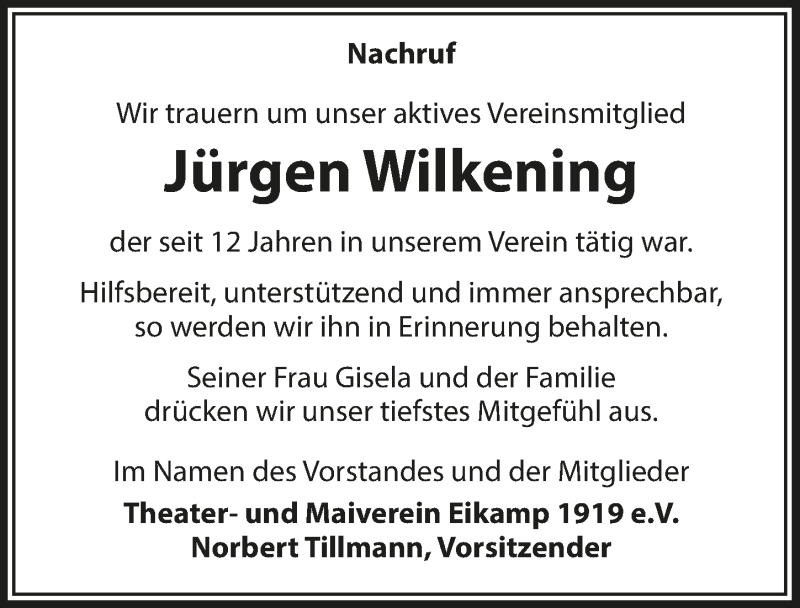  Traueranzeige für Jürgen Wilkening vom 08.05.2020 aus  Bergisches Handelsblatt 
