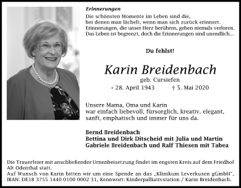Anzeige von Karin Breidenbach von Kölner Stadt-Anzeiger / Kölnische Rundschau / Express