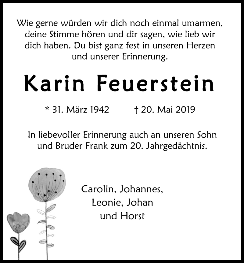  Traueranzeige für Karin Feuerstein vom 16.05.2020 aus Kölner Stadt-Anzeiger / Kölnische Rundschau / Express