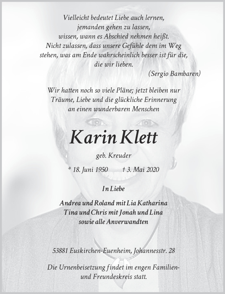  Traueranzeige für Karin Klett vom 09.05.2020 aus  Blickpunkt Euskirchen 