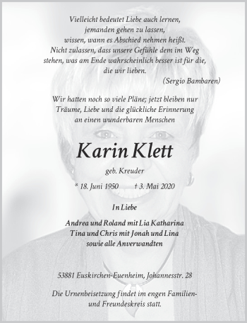 Anzeige von Karin Klett von  Blickpunkt Euskirchen 
