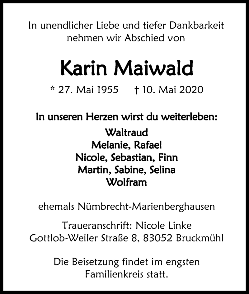  Traueranzeige für Karin Maiwald vom 16.05.2020 aus Kölner Stadt-Anzeiger / Kölnische Rundschau / Express