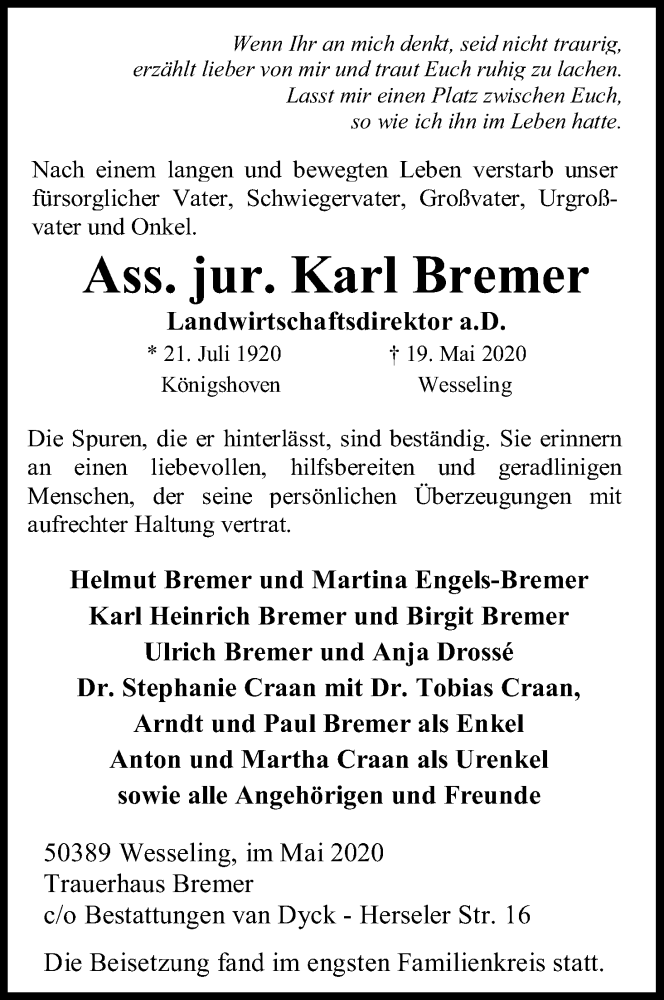  Traueranzeige für Karl Bremer vom 30.05.2020 aus Kölner Stadt-Anzeiger / Kölnische Rundschau / Express