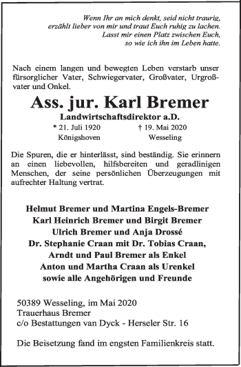 Anzeige von Karl Bremer von  Schlossbote/Werbekurier  Werbepost 