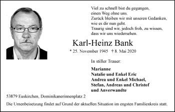 Anzeige von Karl-Heinz Bank von  Blickpunkt Euskirchen 