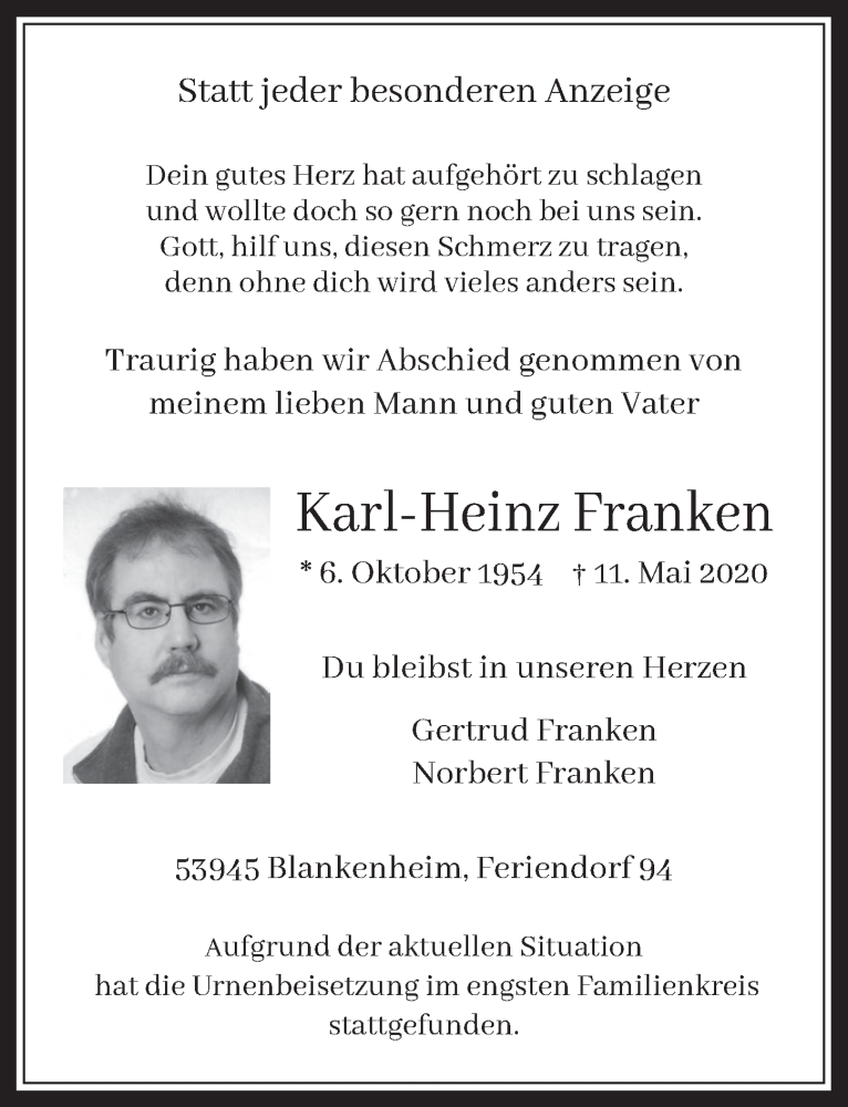  Traueranzeige für Karl-Heinz Franken vom 22.05.2020 aus  Wochenende 