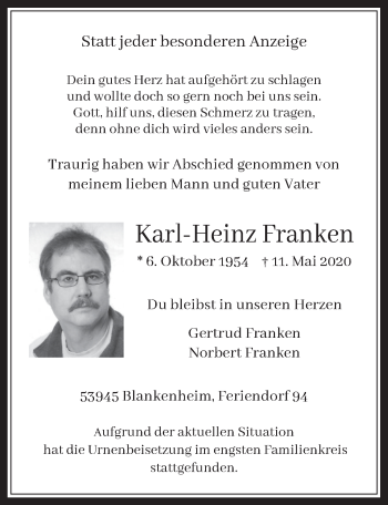 Anzeige von Karl-Heinz Franken von  Wochenende 