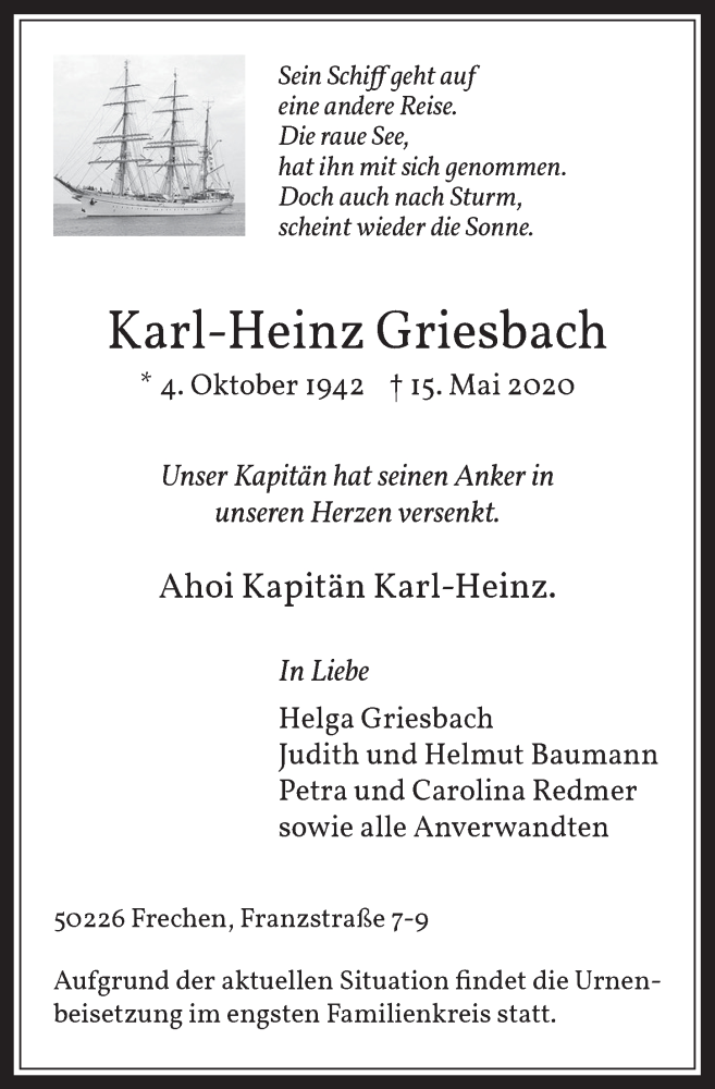  Traueranzeige für Karl-Heinz Griesbach vom 22.05.2020 aus  Wochenende 