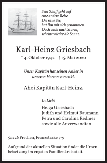 Anzeige von Karl-Heinz Griesbach von  Wochenende 