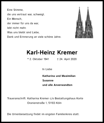 Anzeige von Karl-Heinz Kremer von Kölner Stadt-Anzeiger / Kölnische Rundschau / Express