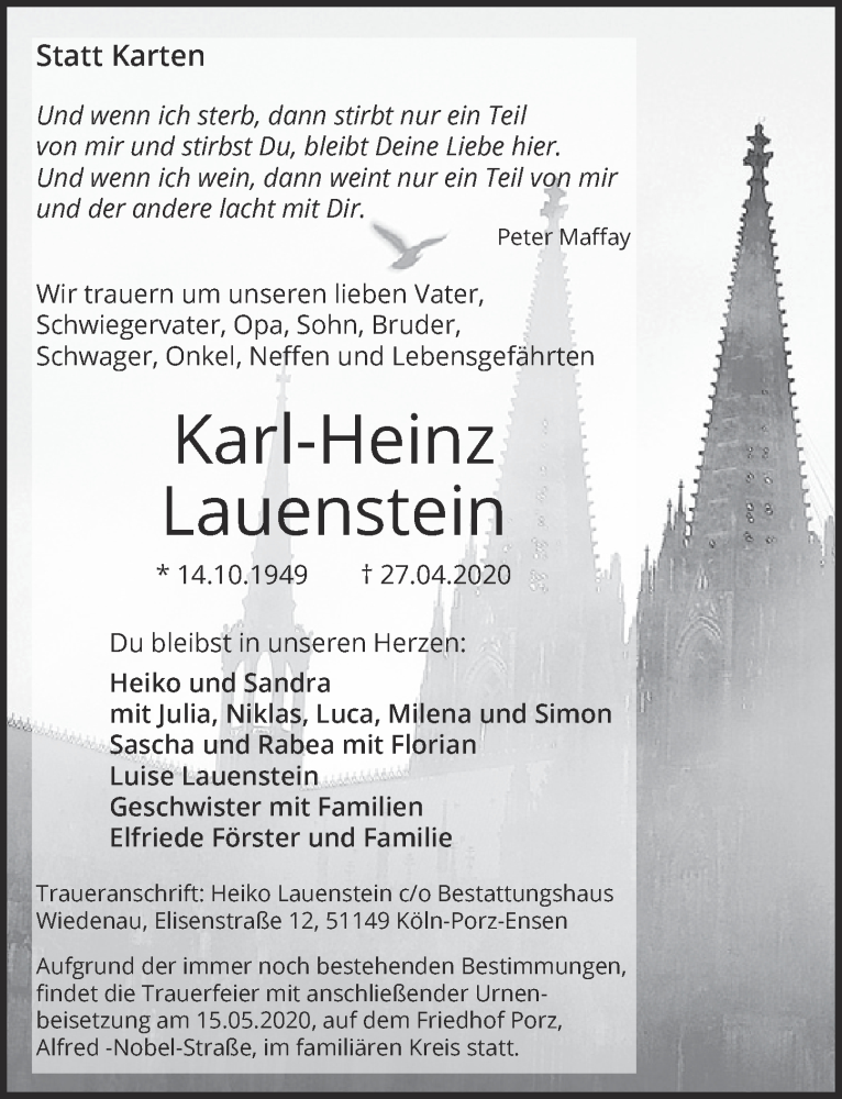  Traueranzeige für Karl-Heinz Lauenstein vom 08.05.2020 aus  Kölner Wochenspiegel 
