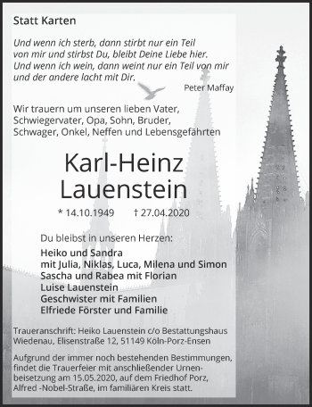Anzeige von Karl-Heinz Lauenstein von  Kölner Wochenspiegel 