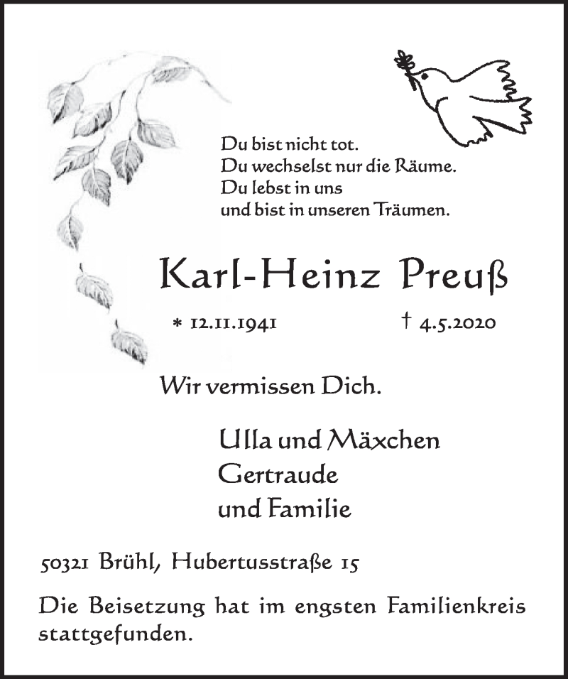  Traueranzeige für Karl-Heinz Preuß vom 15.05.2020 aus  Schlossbote/Werbekurier 