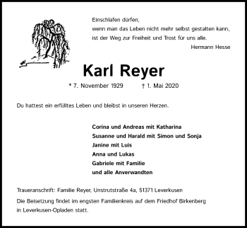 Anzeige von Karl Reyer von Kölner Stadt-Anzeiger / Kölnische Rundschau / Express