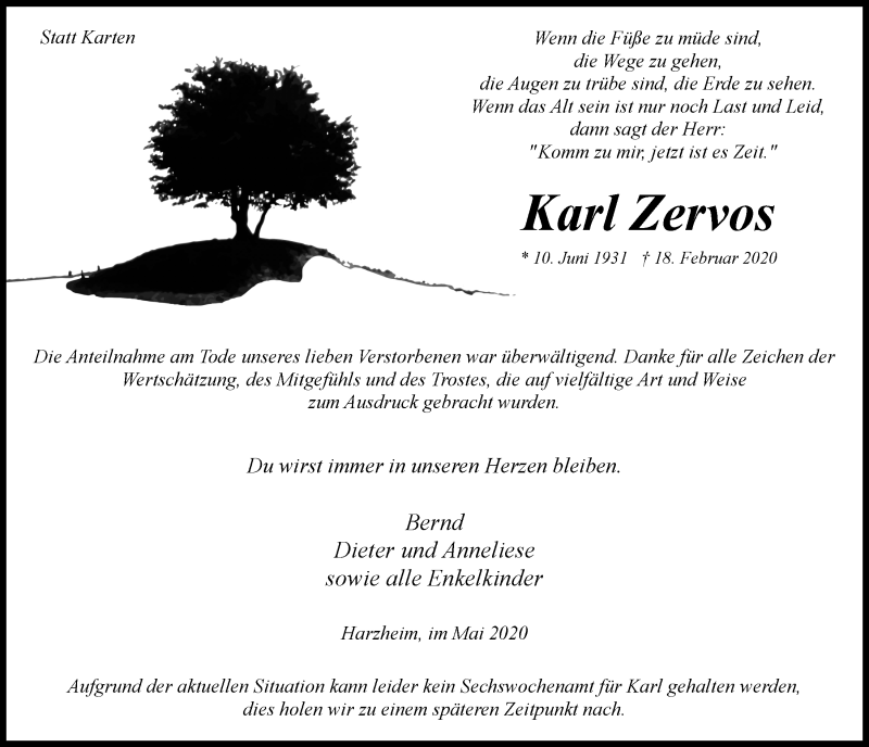  Traueranzeige für Karl Zervos vom 09.05.2020 aus  Blickpunkt Euskirchen 