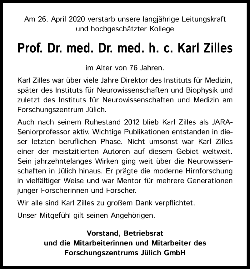  Traueranzeige für Karl Zilles vom 15.05.2020 aus Kölner Stadt-Anzeiger / Kölnische Rundschau / Express