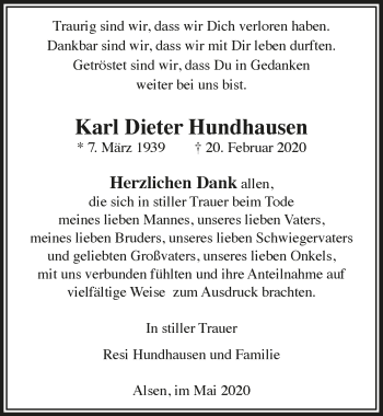 Anzeige von Karl Dieter Hundhausen von  Lokalanzeiger 