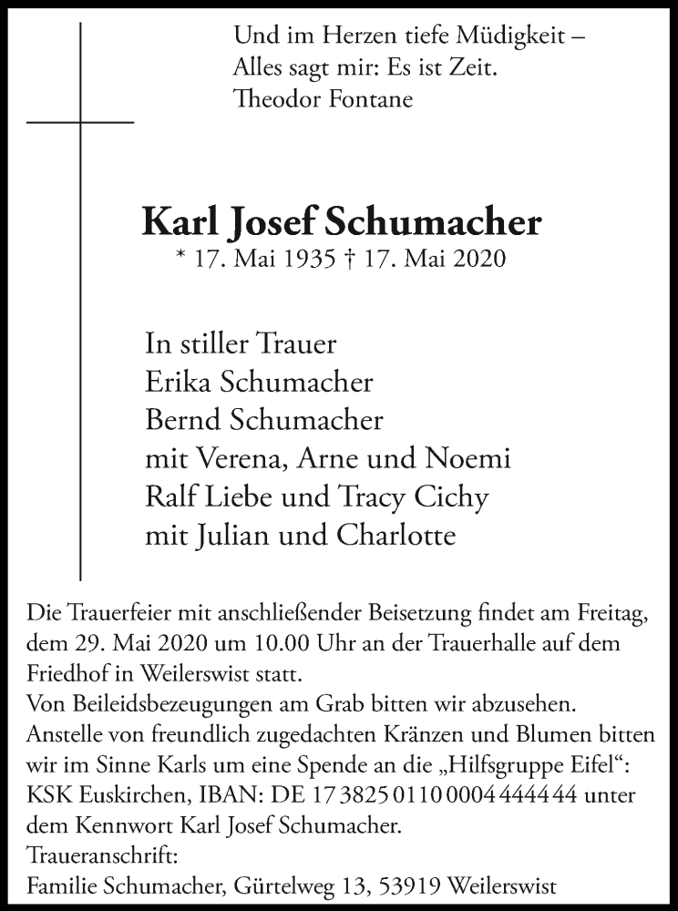  Traueranzeige für Karl Josef Schumacher vom 23.05.2020 aus Kölner Stadt-Anzeiger / Kölnische Rundschau / Express