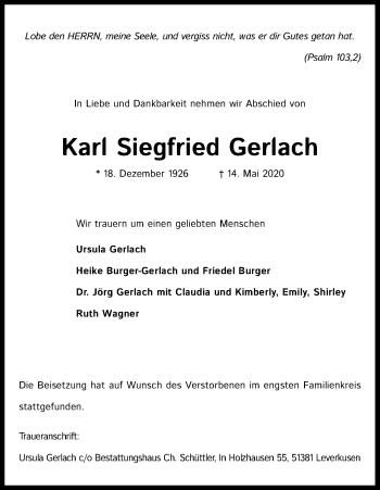 Anzeige von Karl Siegfried Gerlach von Kölner Stadt-Anzeiger / Kölnische Rundschau / Express