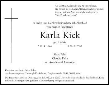 Anzeige von Karla Kick von Kölner Stadt-Anzeiger / Kölnische Rundschau / Express