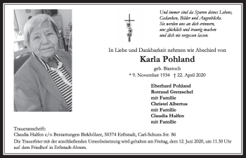 Anzeige von Karla Pohland von  Bergisches Handelsblatt 