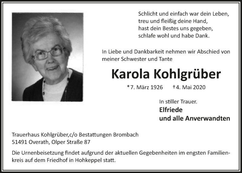  Traueranzeige für Karola Kohlgrüber vom 08.05.2020 aus  Bergisches Handelsblatt  Anzeigen Echo 
