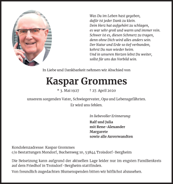 Anzeige von Kaspar Grommes von Kölner Stadt-Anzeiger / Kölnische Rundschau / Express
