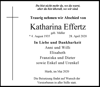 Anzeige von Katharina Effertz von  Kölner Wochenspiegel 