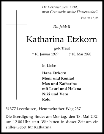 Anzeige von Katharina Etzkorn von Kölner Stadt-Anzeiger / Kölnische Rundschau / Express