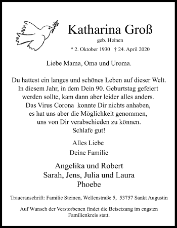 Anzeige von Katharina Groß von Kölner Stadt-Anzeiger / Kölnische Rundschau / Express