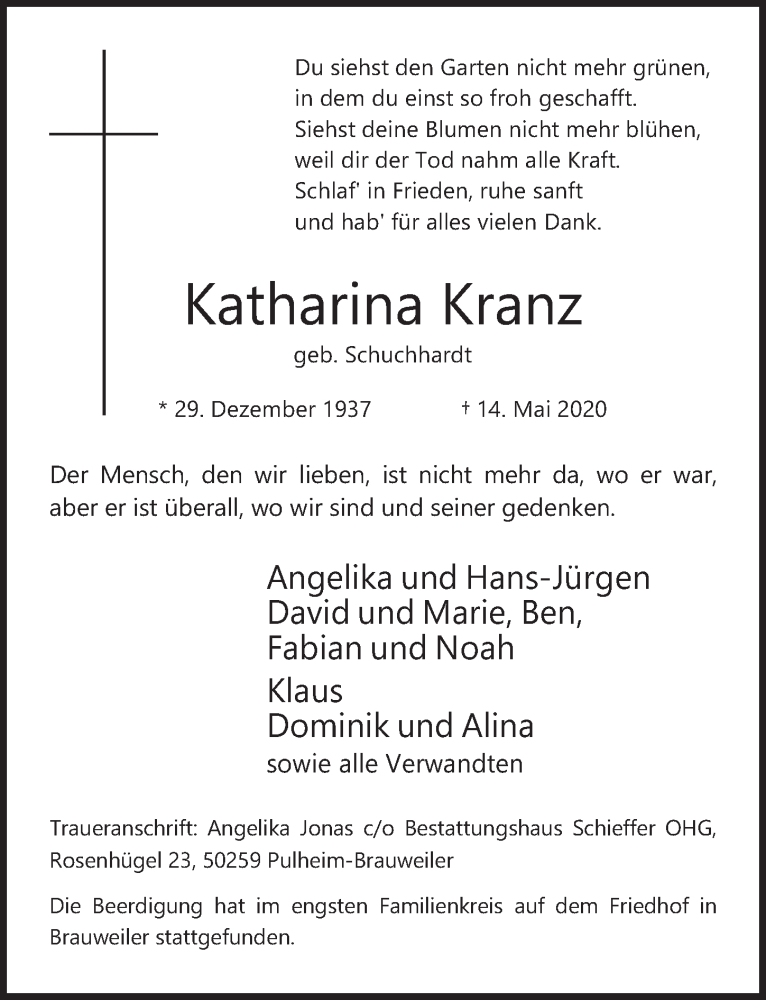  Traueranzeige für Katharina Kranz vom 22.05.2020 aus  Wochenende 