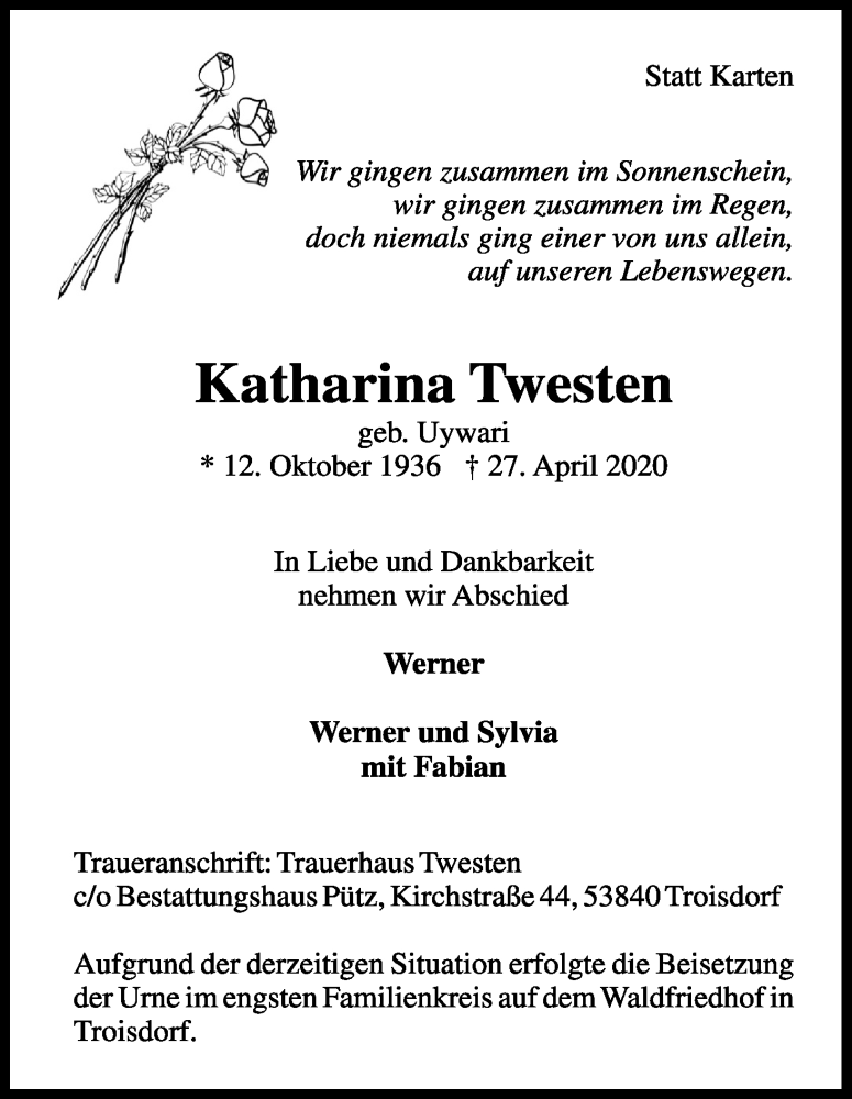  Traueranzeige für Katharina Twesten vom 02.05.2020 aus Kölner Stadt-Anzeiger / Kölnische Rundschau / Express