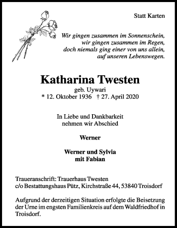 Anzeige von Katharina Twesten von Kölner Stadt-Anzeiger / Kölnische Rundschau / Express