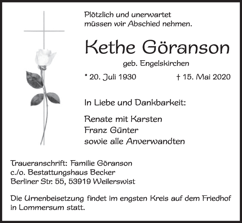  Traueranzeige für Kethe Göranson vom 23.05.2020 aus  Blickpunkt Euskirchen 
